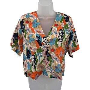 Trovata Birds Of Paradis Floral Linen Short Sleeve V-Neck Crop Blouse Womens XS